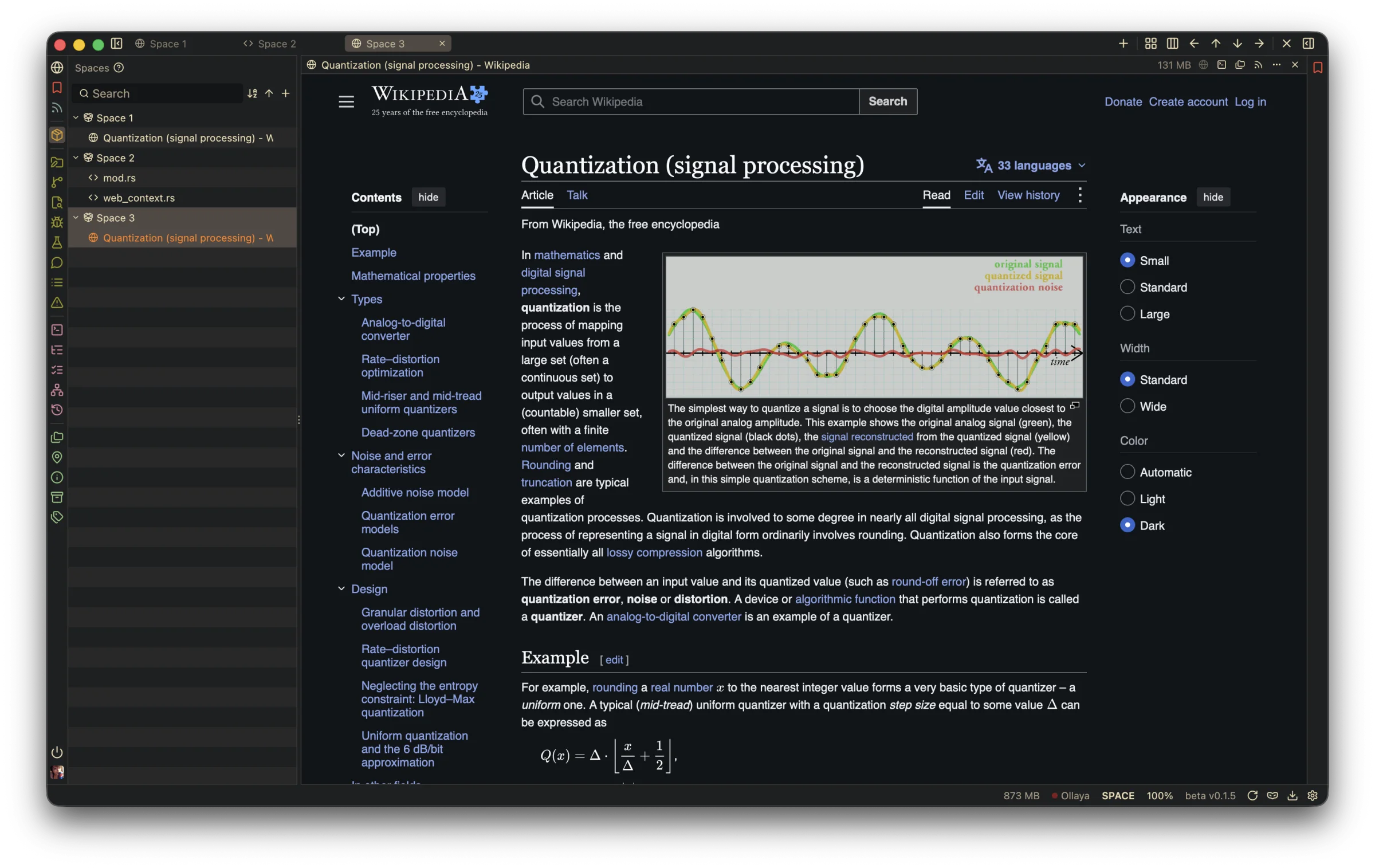 A Wikipedia article open in a Dopamine browser pane, with Spaces in the side menu