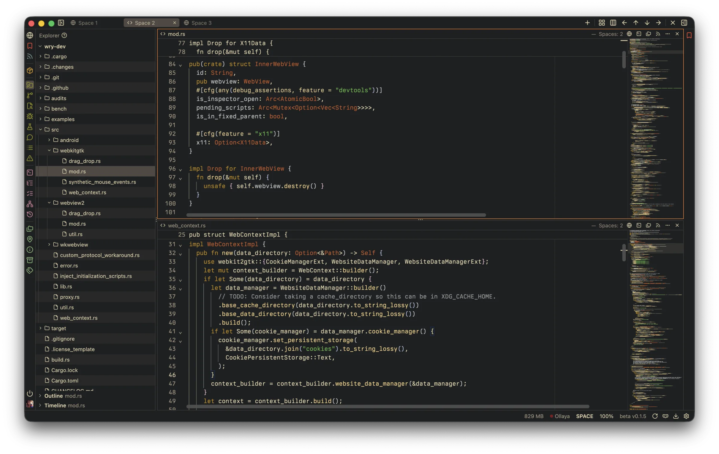 Two Rust files open in Dopamine editor panes next to a file tree